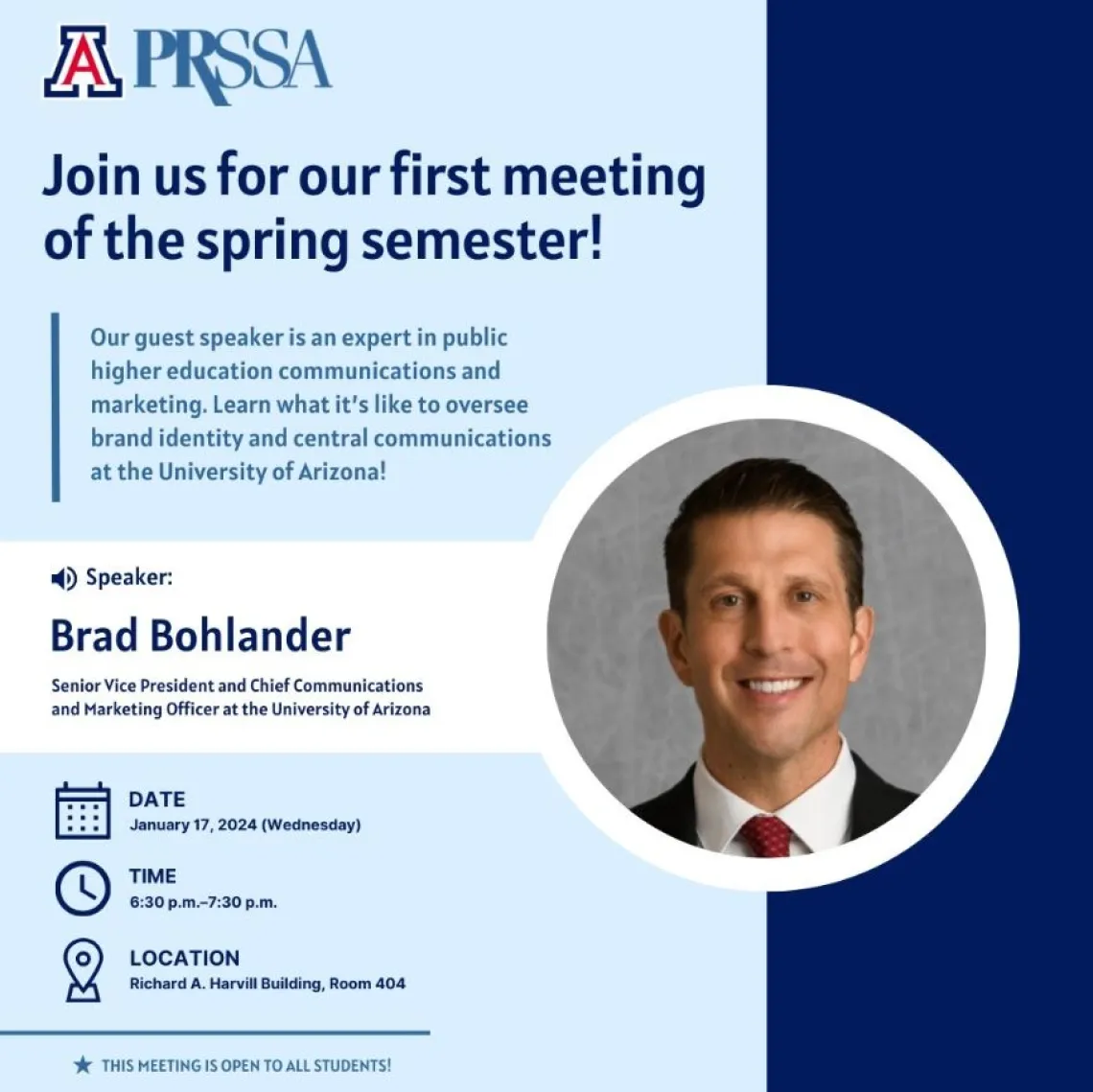 PRSSA_Original Flyer_Spring 2024 Meeting Featuring Brad Bohlander_January 2024